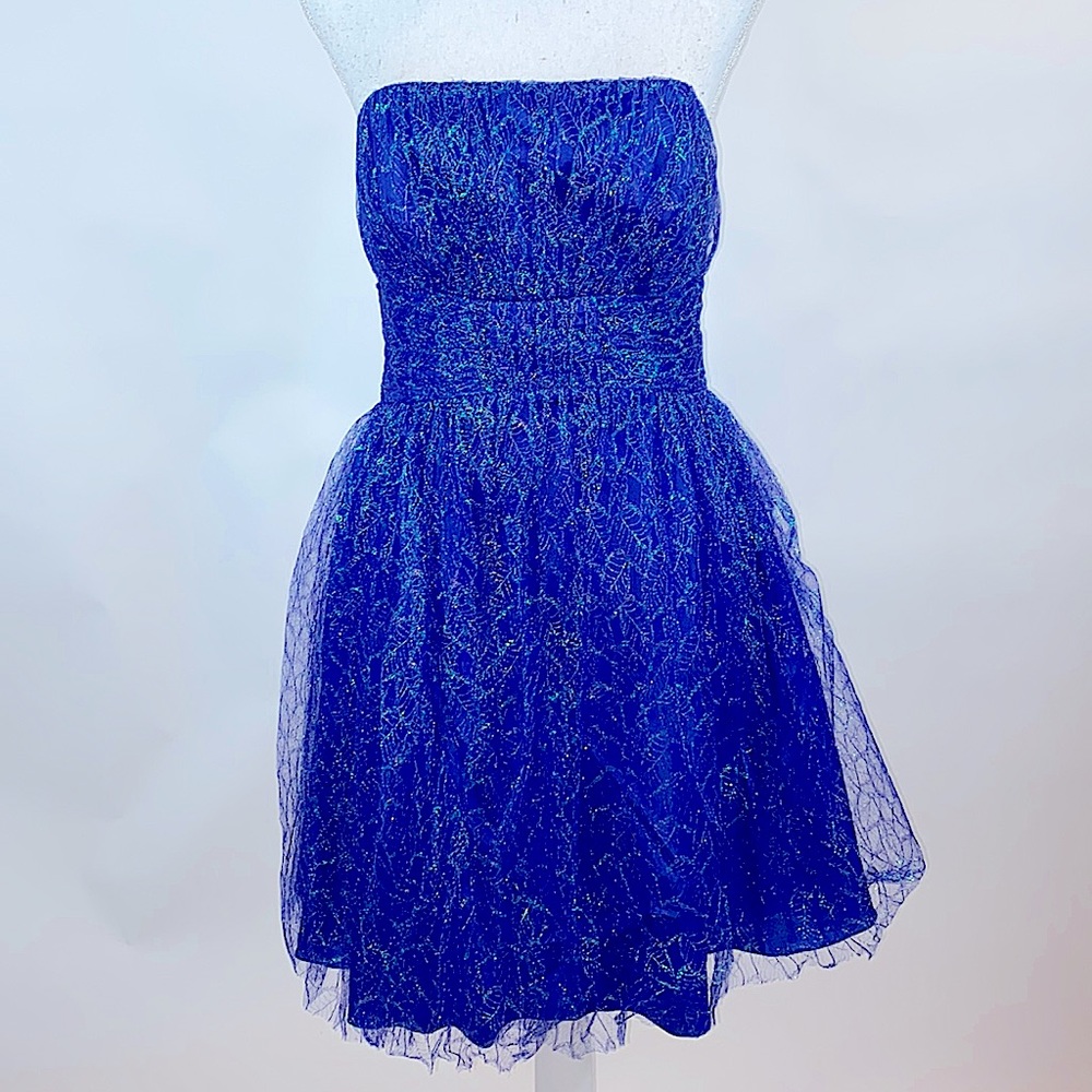 Purple strapless shimmer lace party prom dress